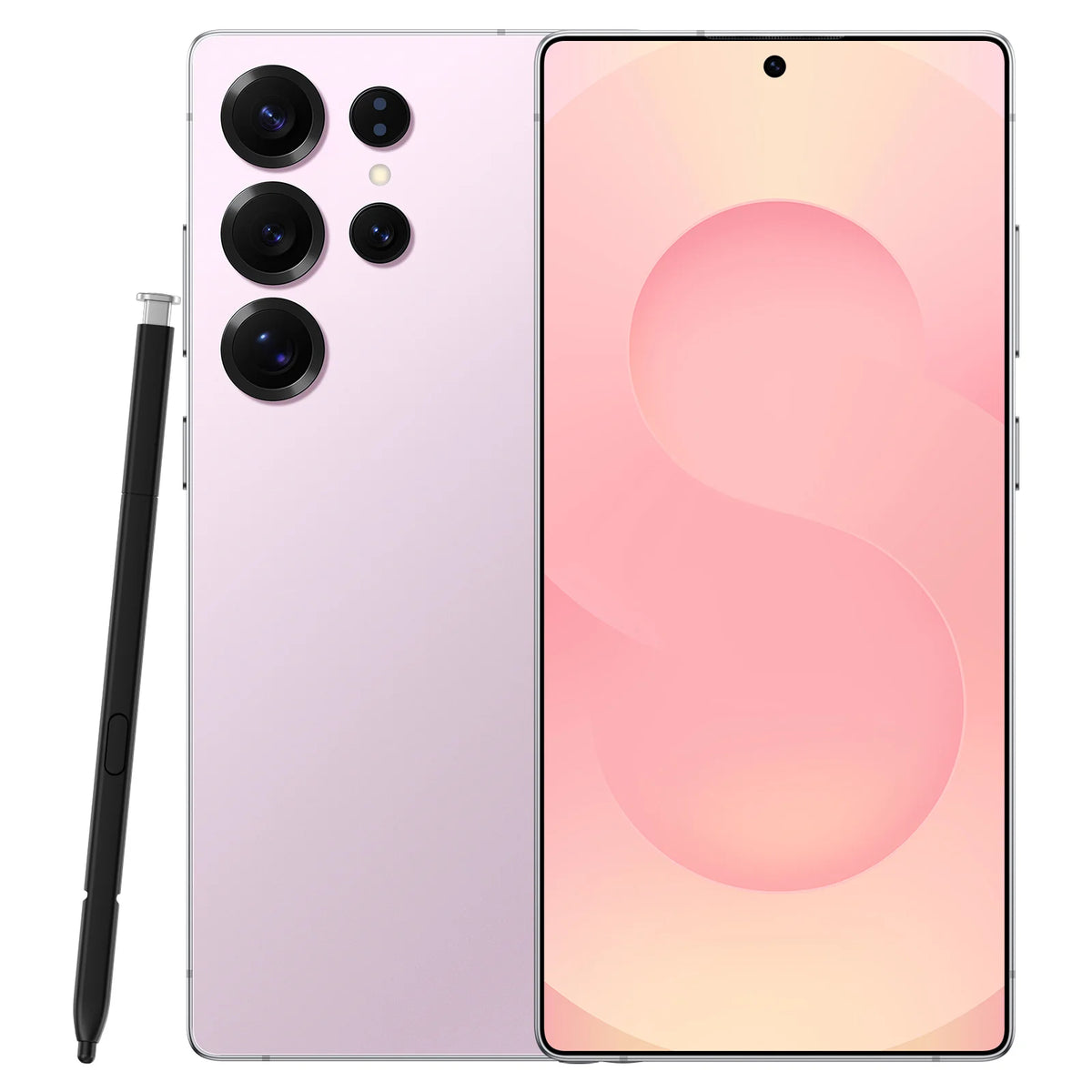 S25 Ultra smartphone, light pink back and pink front screen with oval graphics