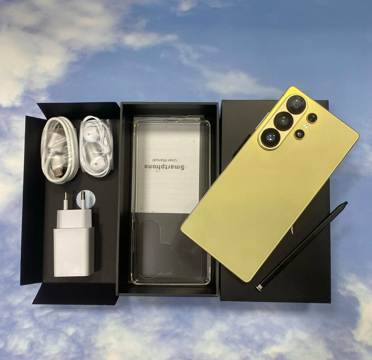 Yellow smartphone back with quad cameras and matte finish, shown with protective covers