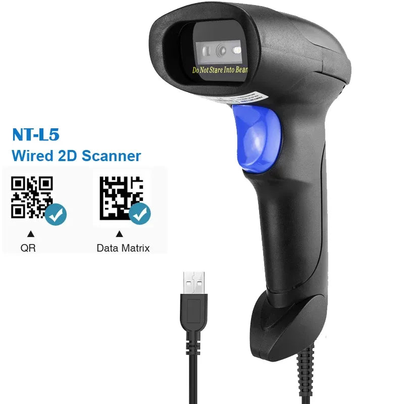 Black 2D wired barcode scanner with blue scan light, USB connection