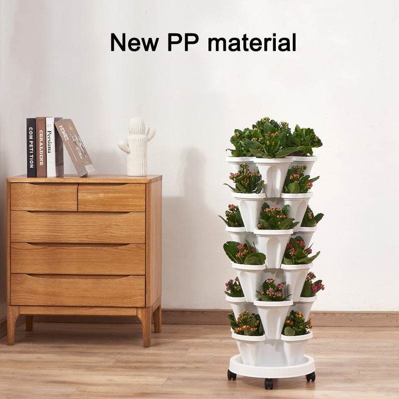 Stackable vertical flower pot planter tower, white plastic with tiered pots on rolling base