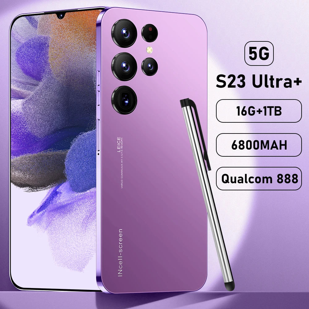 Purple 5G smartphone with quad rear cameras and front display, shown with a side stylus pen
