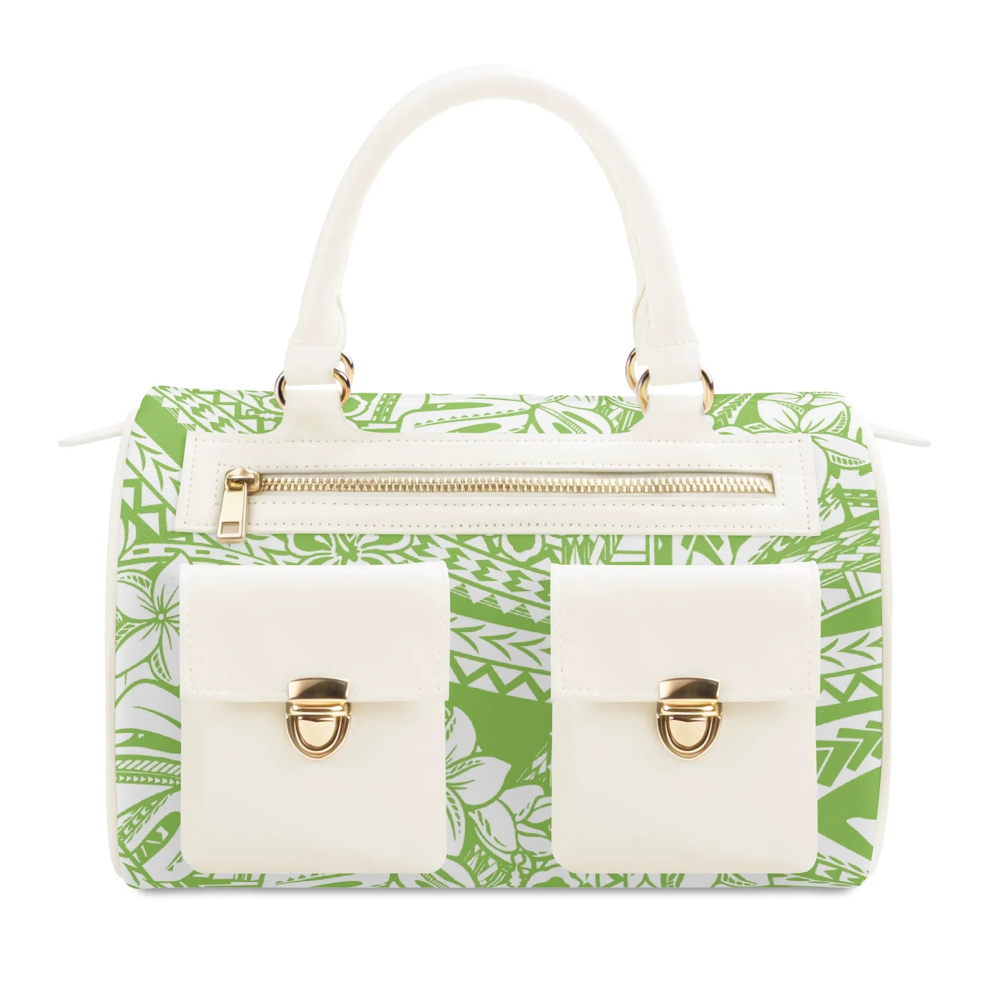 Green and white floral PU leather designer tote bag with front pockets, gold hardware, and zip closure.