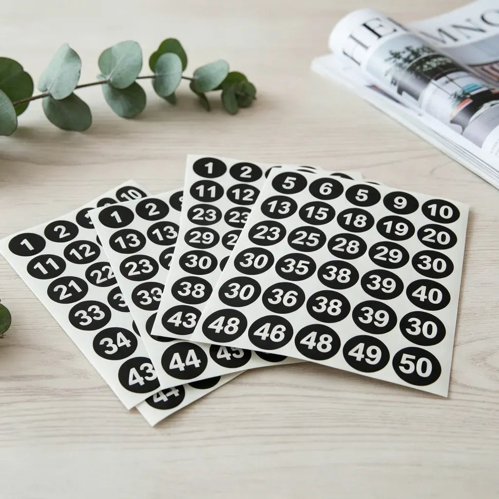 Self-adhesive number stickers sheet with black circles and white numbers 1–50, mixed set