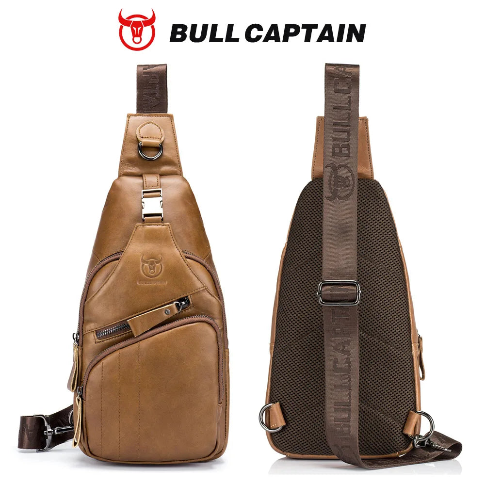 BULLCAPTAIN tan genuine leather men's crossbody sling bag with branded striped strap and vintage business casual design.