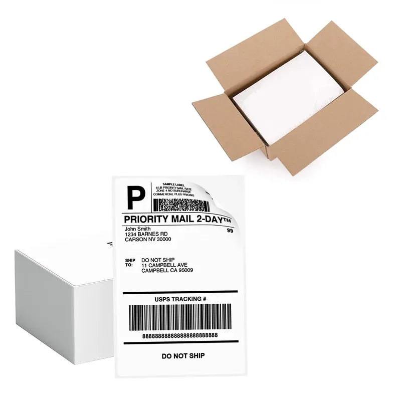 4x6 white direct thermal shipping label, barcode and tracking text on label sheet