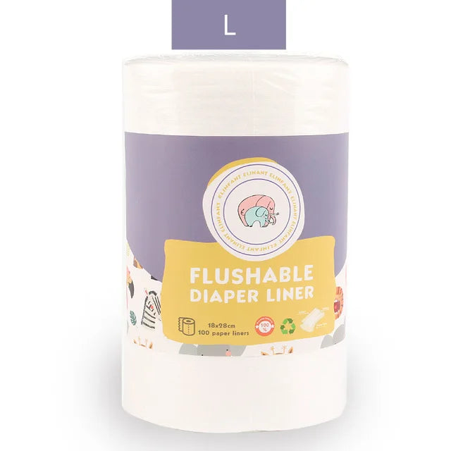 Elinfant flushable baby diaper liners, size L, 100 count roll with elephant logo design for cloth diaper care.