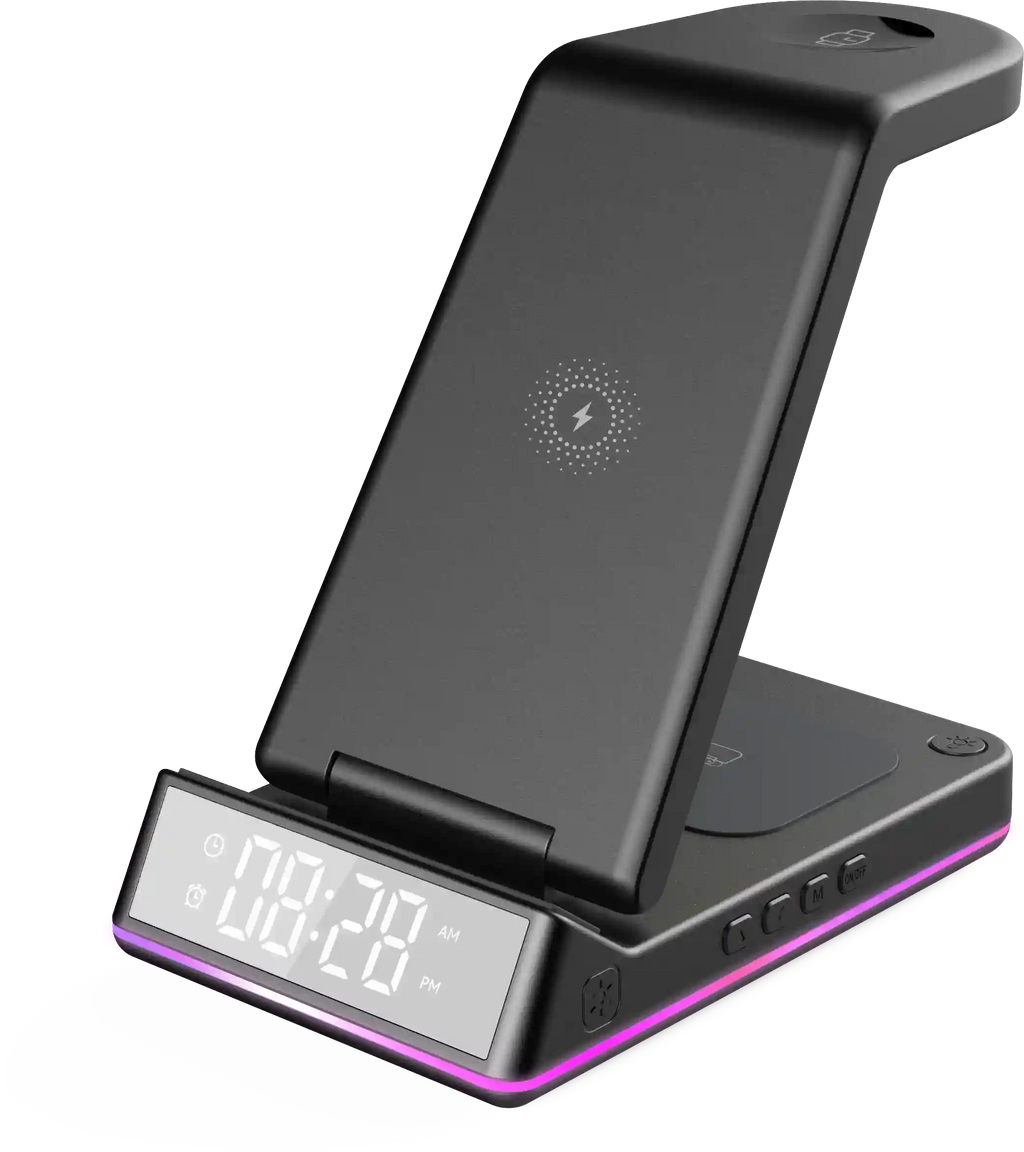 Portable Wireless Charger with LED Alarm Clock - Qi Certified Desk Station Tidesmit
