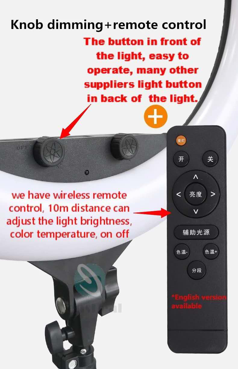 Ring light with front-facing adjustment knobs and a handheld wireless remote for brightness and color temperature