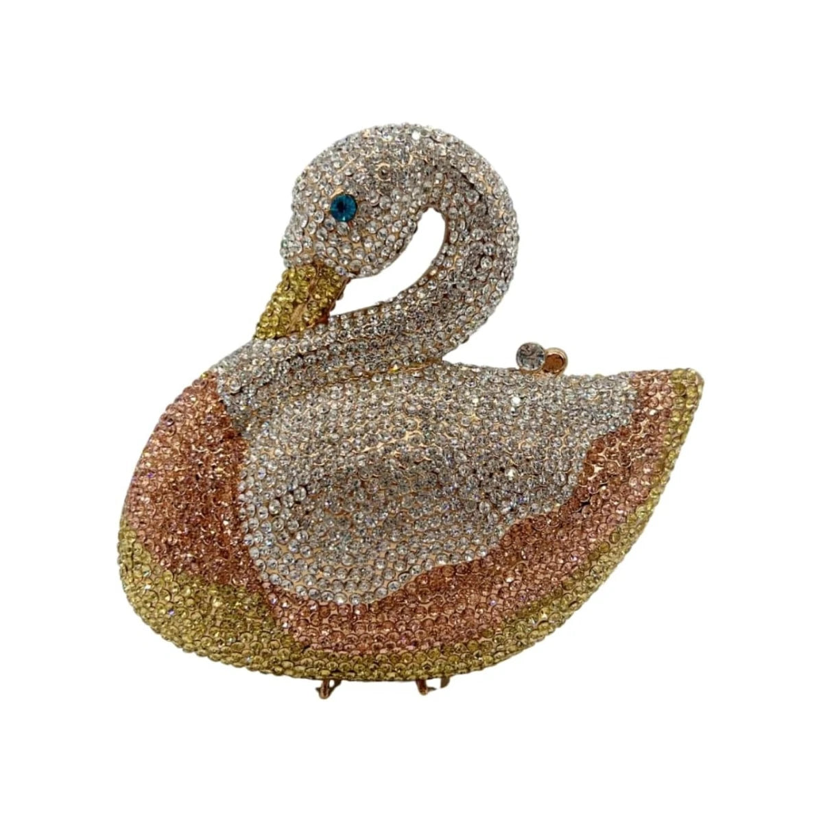 Luxury swan evening clutch with multi-colored rhinestone crystals for weddings, prom, or formal cocktail events.