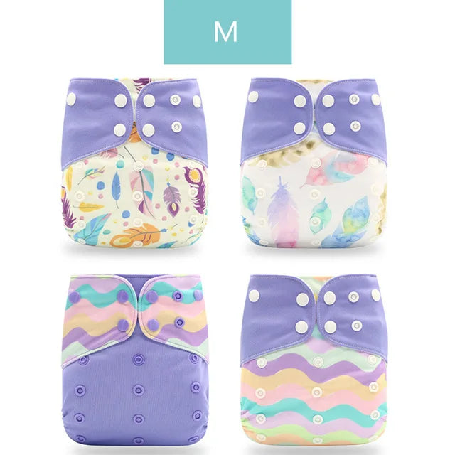 Four Medium size reusable baby cloth diapers with purple, feather, and wavy pastel prints.