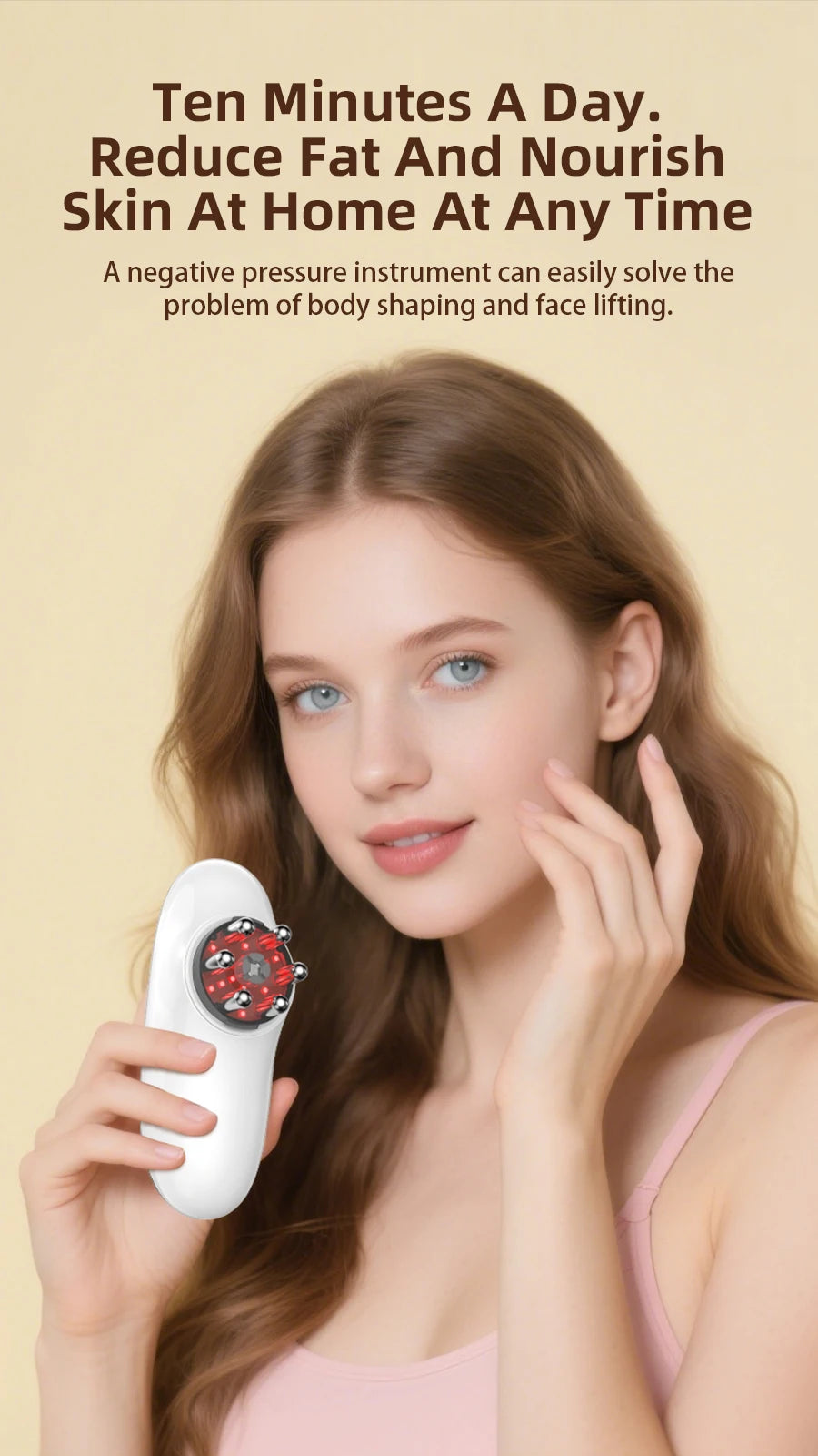 A woman holds a white, oval-shaped body sculpting device featuring metal massage nodes and red light therapy.