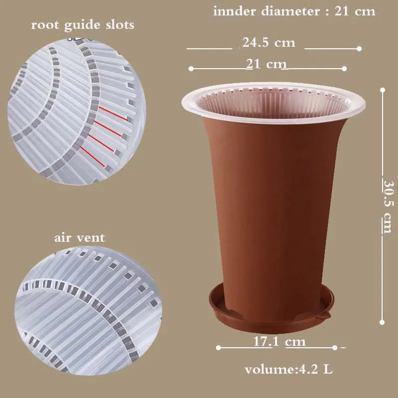 Brown plastic orchid planter pot with air vents and root guide slots, 4.2L volume