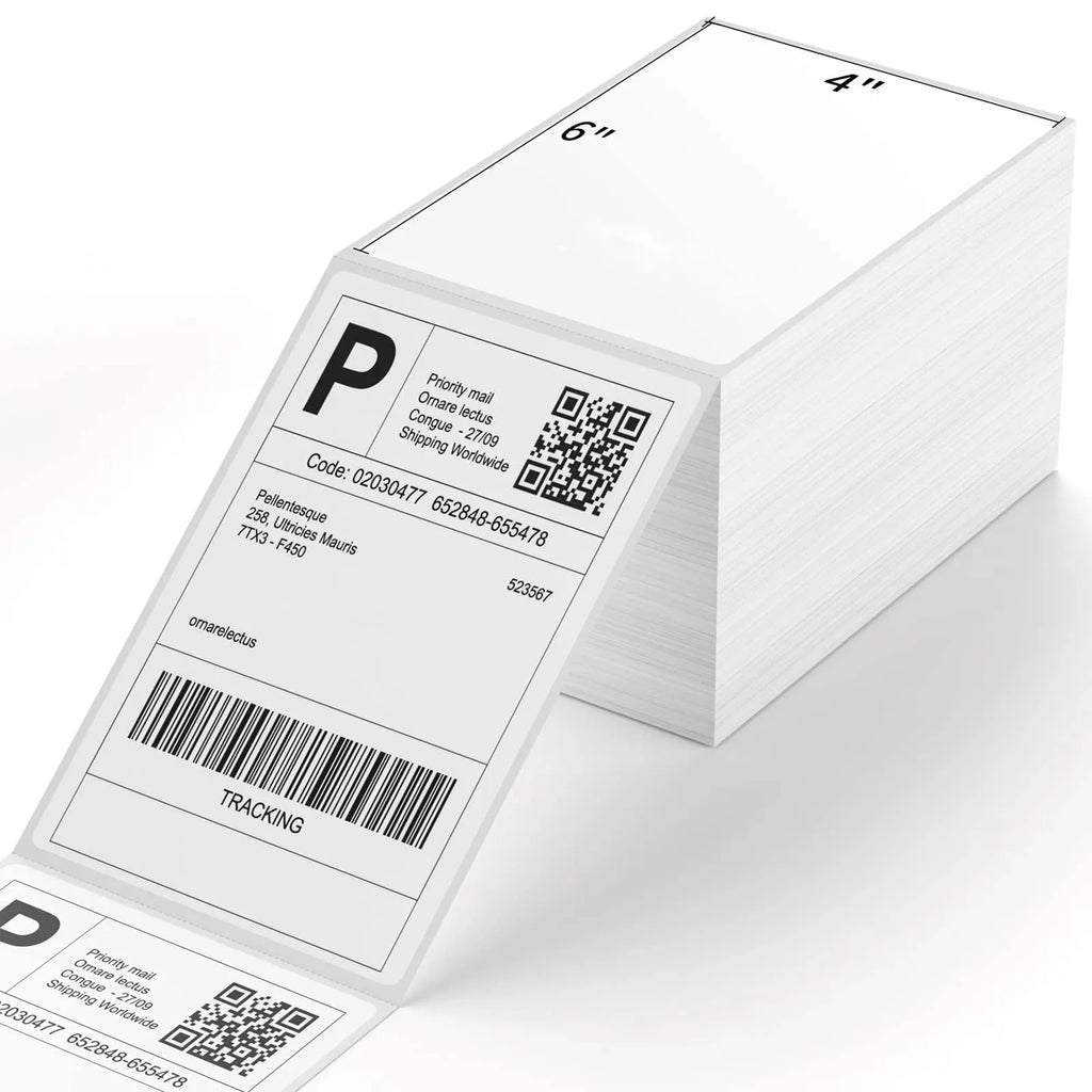 Stack of 4x6 white perforated direct thermal shipping labels, bar code and QR