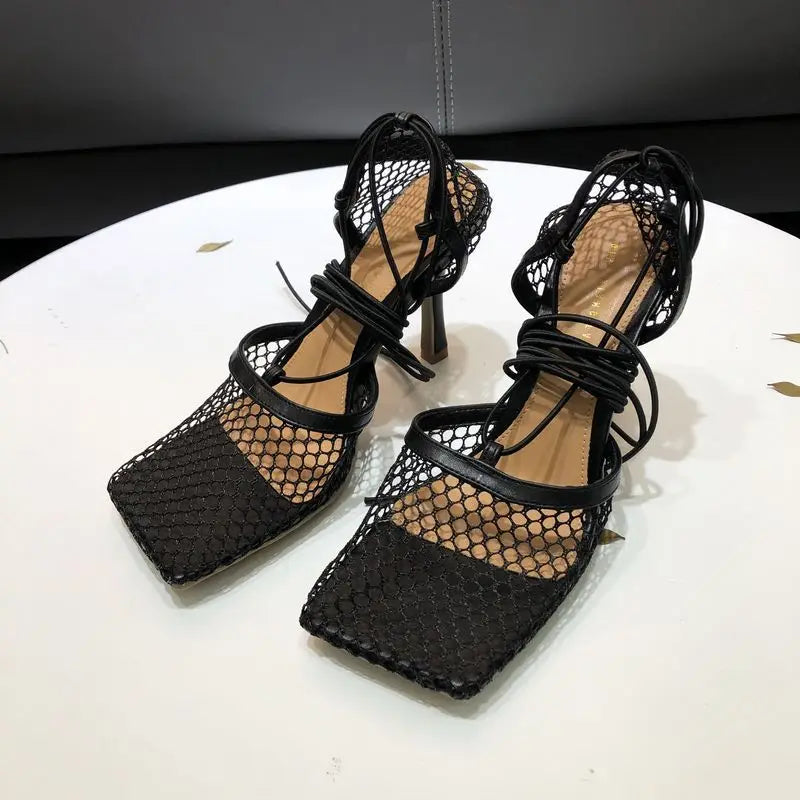 Ankle Strap Talon Haut 2022 Luxury Sexy Lace up Summer Mesh Sandals Square Toe Designer Shoes Women Heels