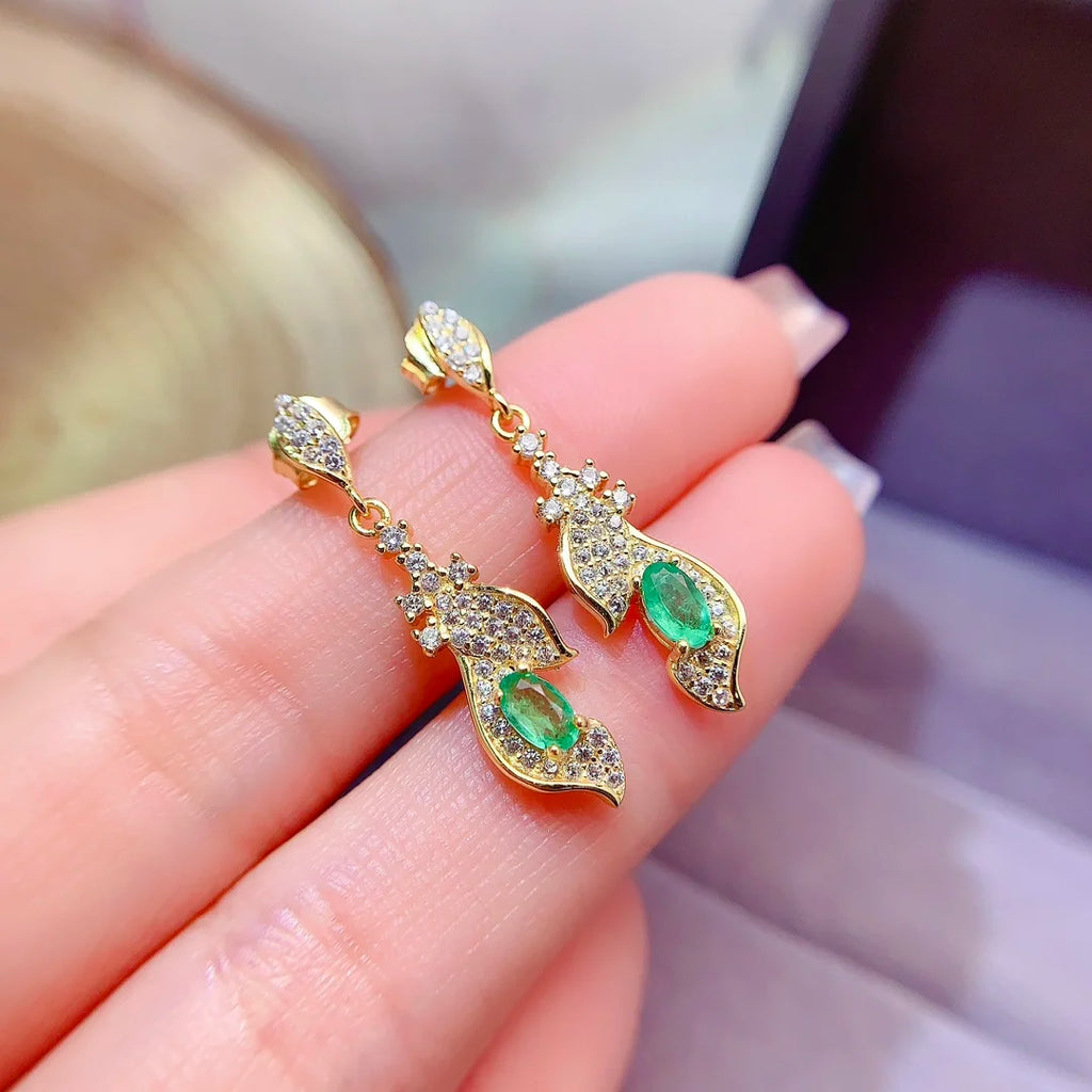 Hot Popular Vintage Gold-Plated Natural Emerald Stud Earrings Classic CMA for Women's Engagement