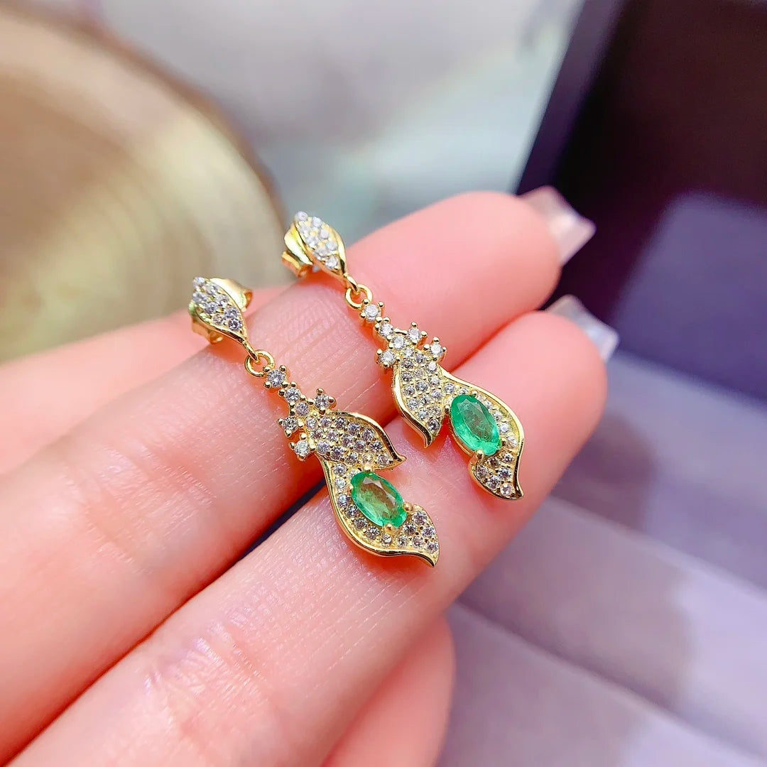 Hot Popular Vintage Gold-Plated Natural Emerald Stud Earrings Classic CMA for Women's Engagement