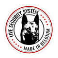 12x12cm Belgian Malinois vinyl decal. "Live Security System" round car sticker for windows. Durable pet warning sign.