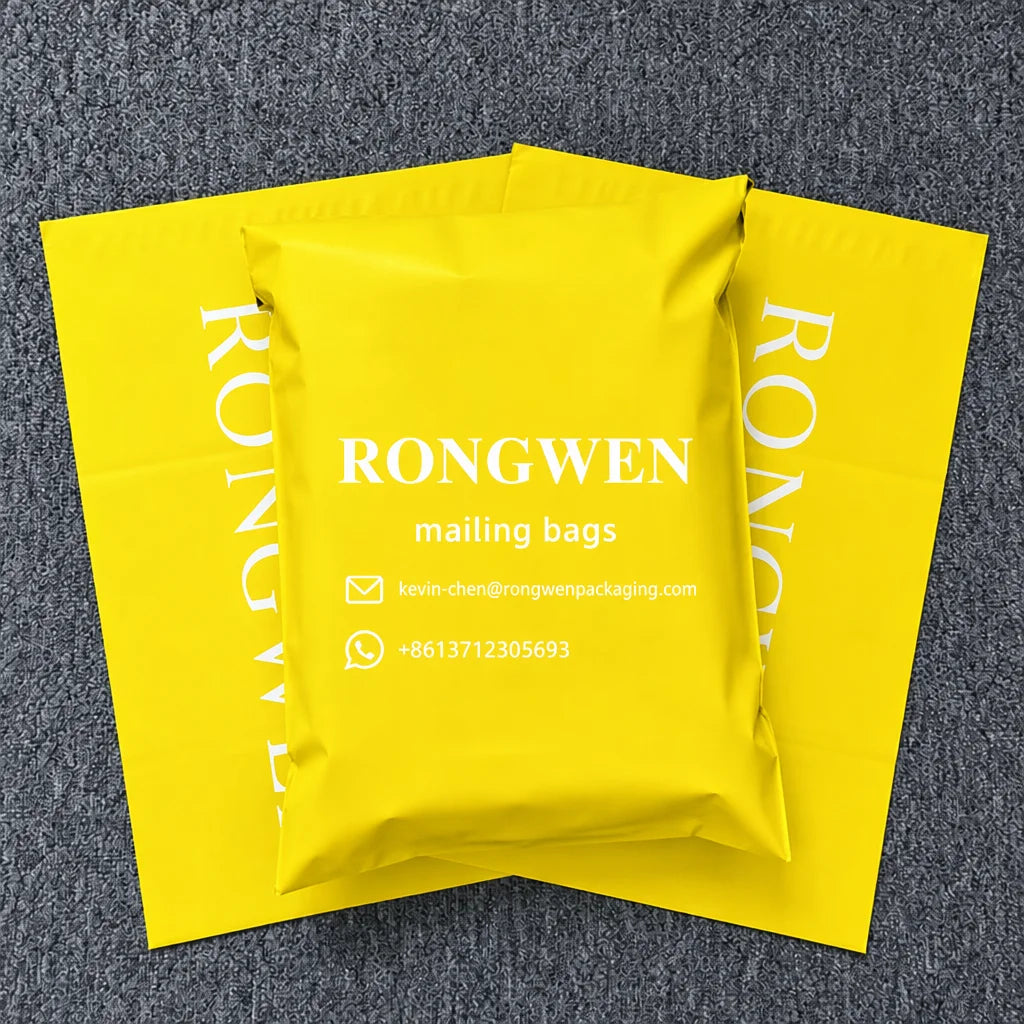 Yellow RONGWEN mailing bags, crumpled poly mailer envelopes with logo text