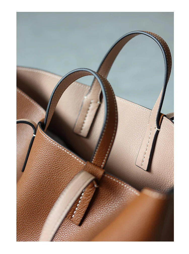 Women Luxury Genuine Leather Tote Soft Cowhide Handbag Two Sides Available Using Shoulder Bags Versatile And Durable