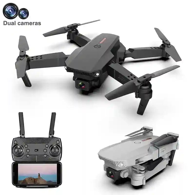 Foldable drone with dual cameras and remote controller featuring a smartphone mount for aerial photography.