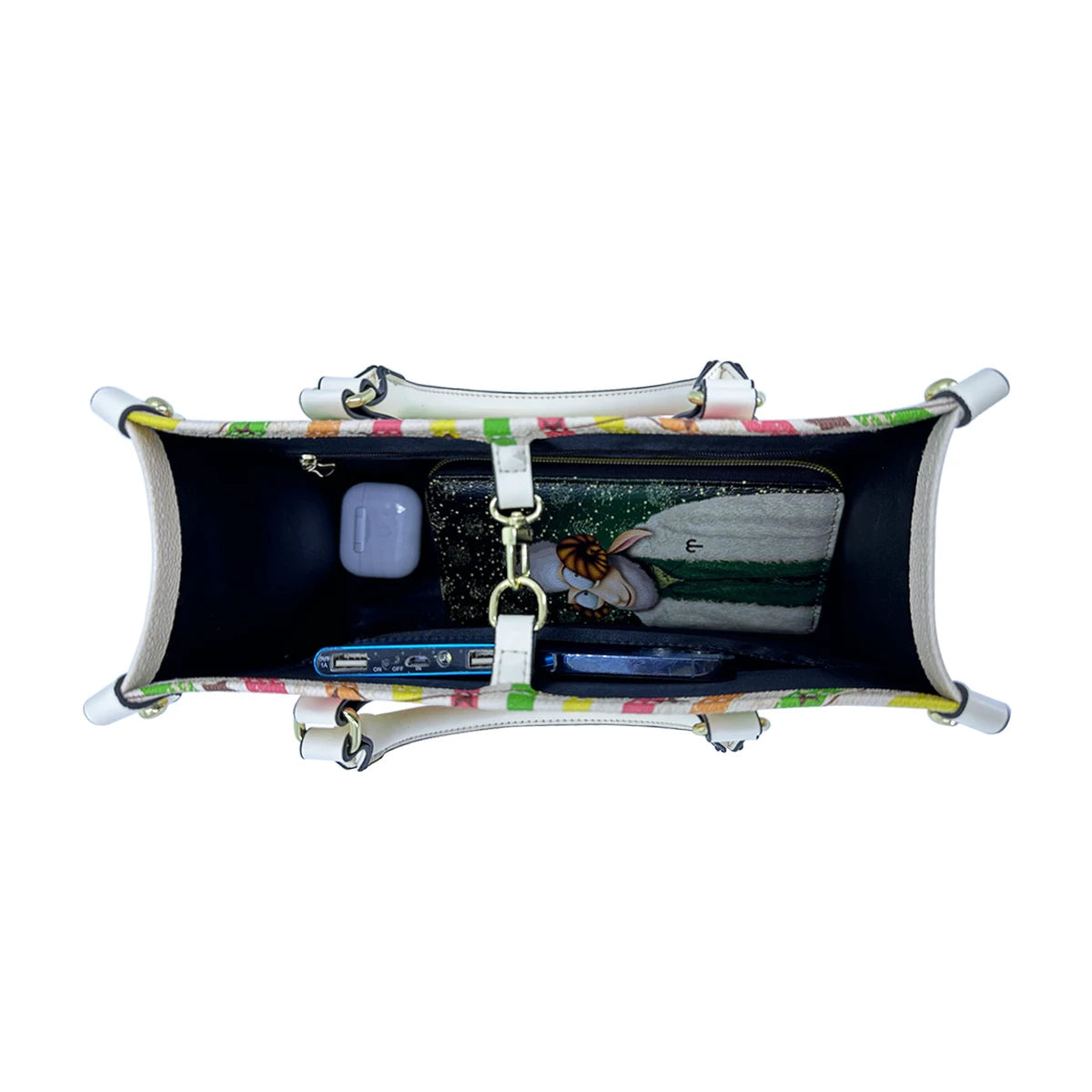 Top view of vintage leather handbag trunk with colorful patterned rim, dual handles, and custom logo hook closure.
