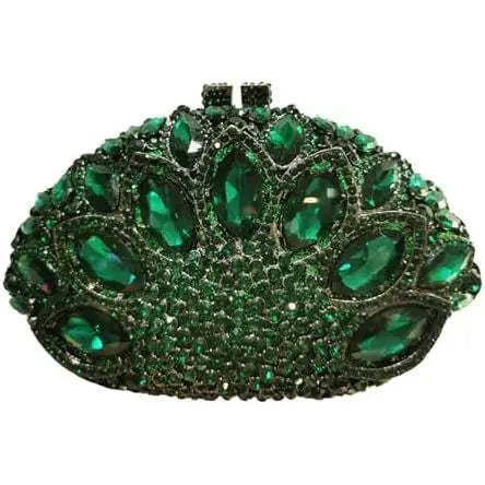 Emerald green crystal evening clutch, luxury designer handbag featuring dazzling marquise rhinestones and formal clasp.
