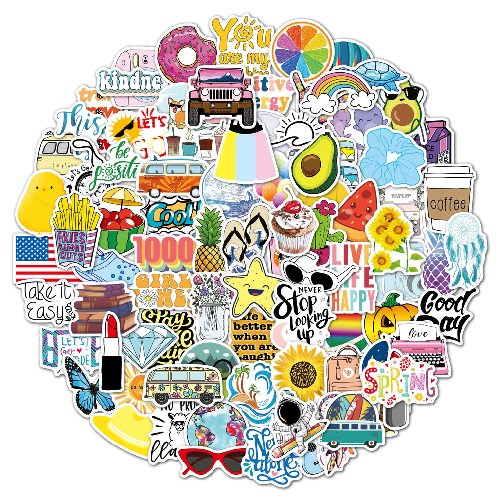 Colorful waterproof vinyl stickers sheet, cute icons and sayings for kids and teens