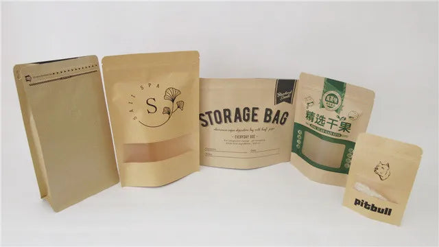 Set of kraft paper storage bags with printed labels and resealable tops