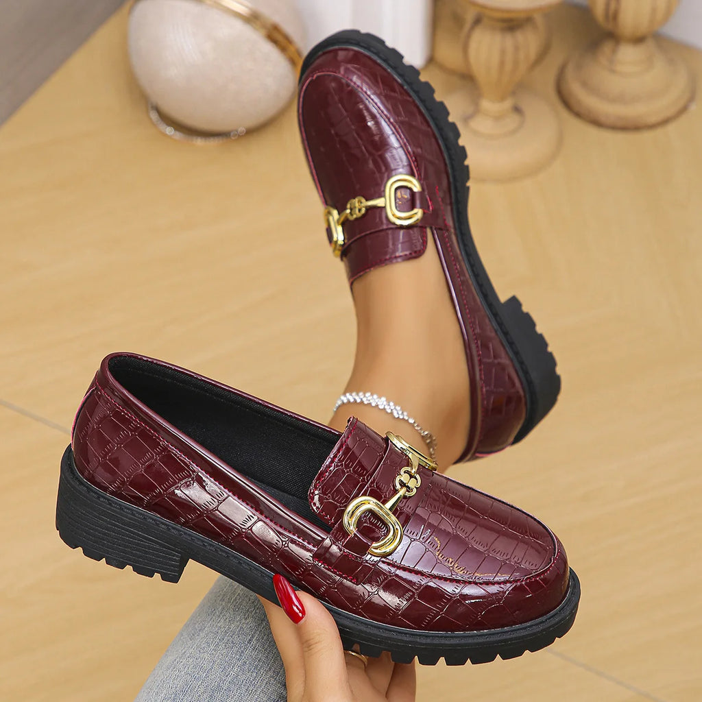 Women's Loafers Burgundy Patent Leather Platform Shoes Round Toe Metal Buckle Casual Fashionable Dress Shoes for Women Ladies