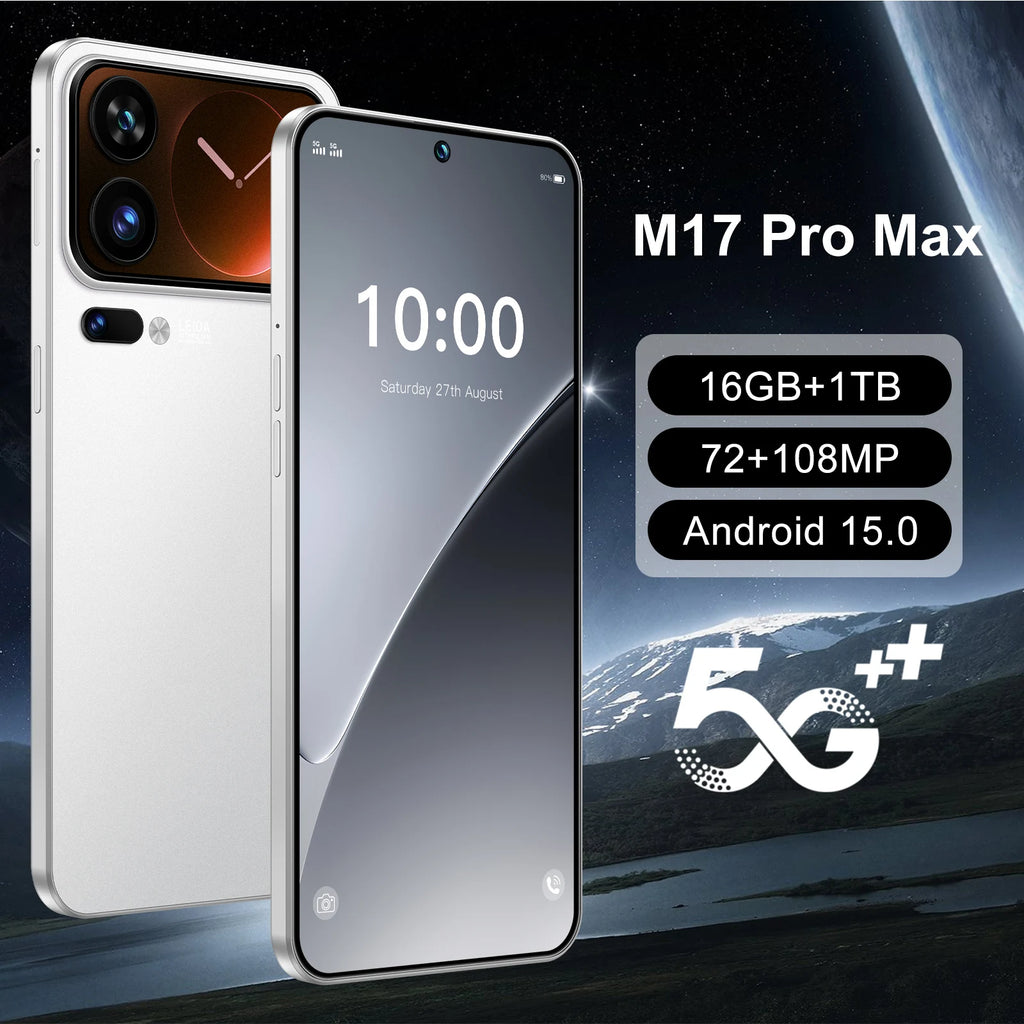 Tidesmit M17 Pro Max 5G smartphone side view showing ultra-slim design and high-resolution 108MP camera lens.