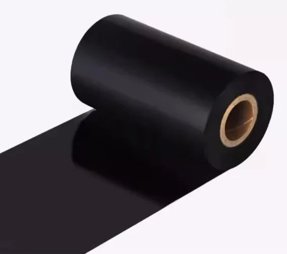 Black wax-based thermal transfer ribbon roll with center core and unspooled strip