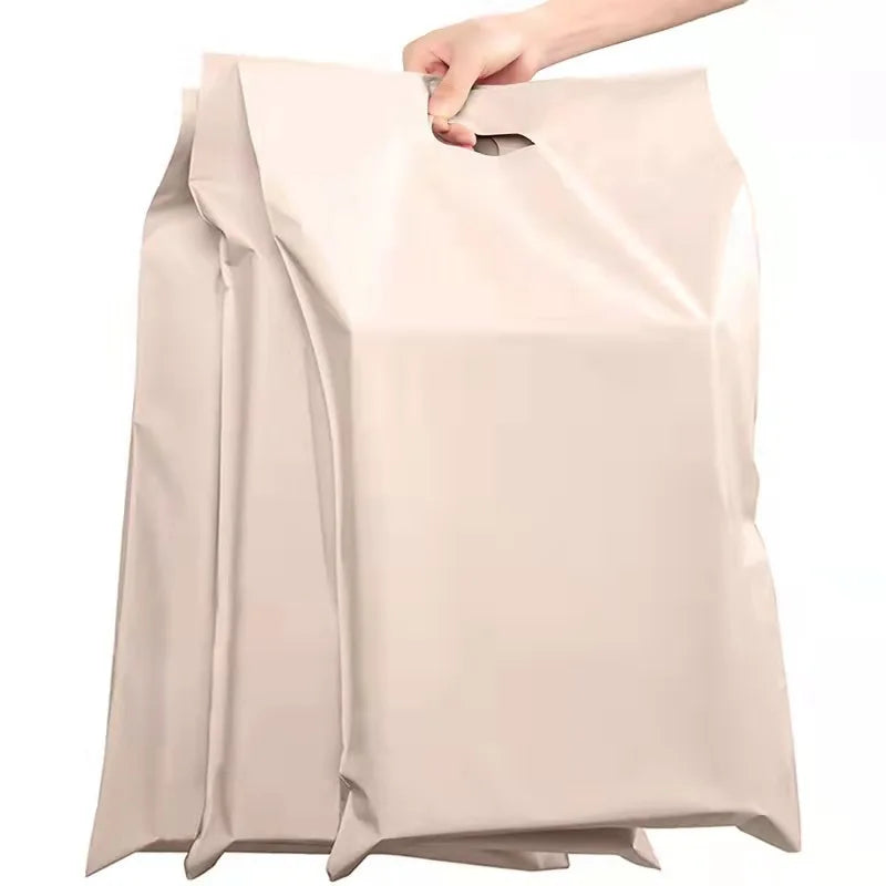 Beige poly square mailing bag with carry handle and smooth front panel
