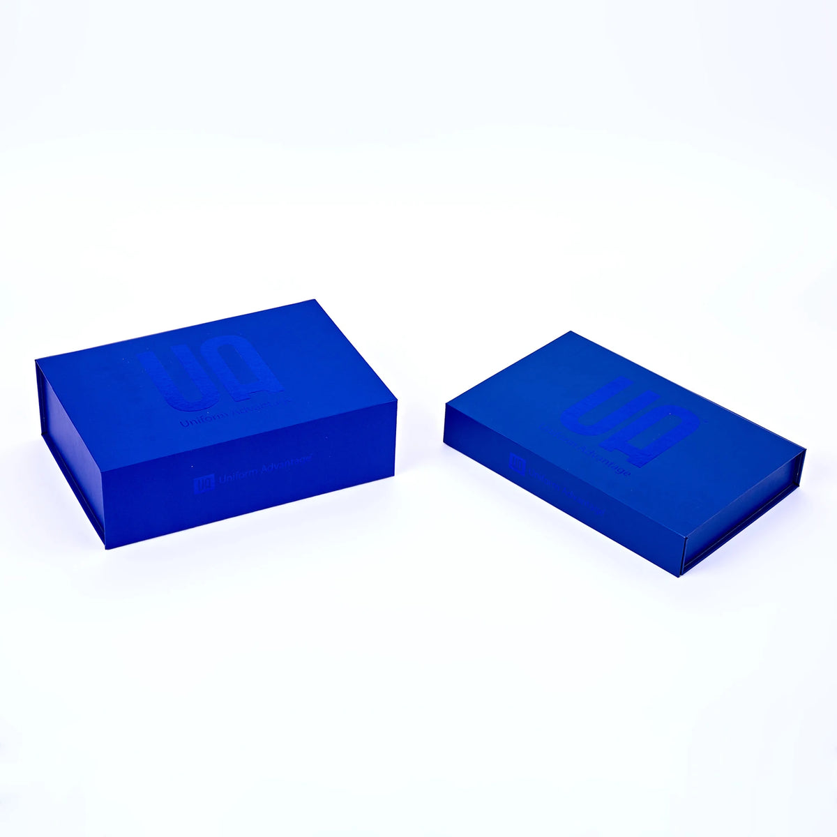 Blue corrugated mailer box, two-piece set with custom logo printing on top.