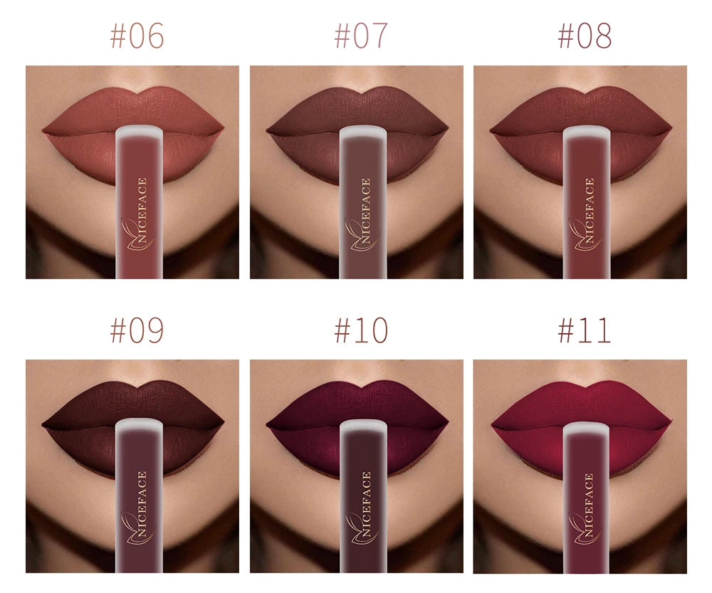 NICEFACE waterproof velvet matte liquid lipstick swatch set featuring six nude, red, and dark pigment lip shades.