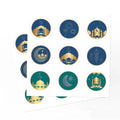 Blue and gold circular Ramadan sticker sheet with mosque and moon designs