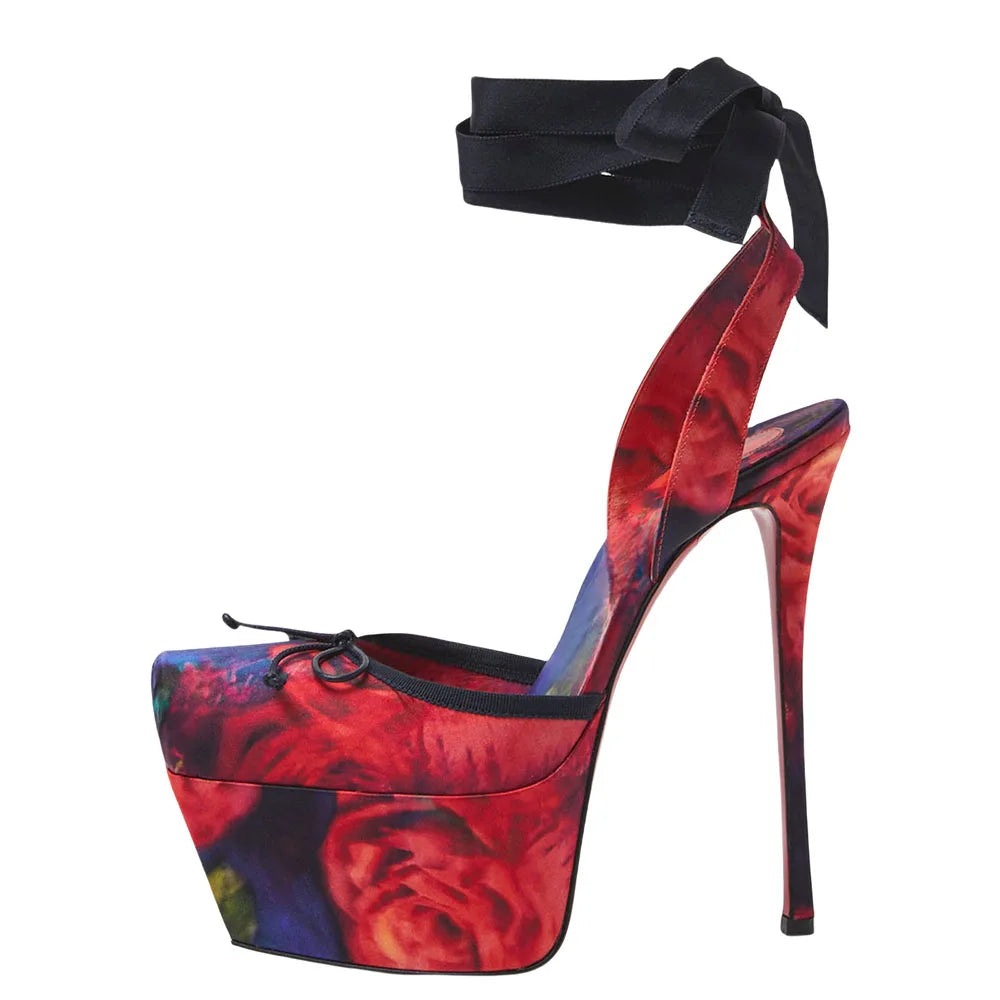New Colors Women Silk Platform High Heels Stiletto Summer Square Toe Front Bow Shoes Ankle Cross Lace up Dress Wide Fit Pumps