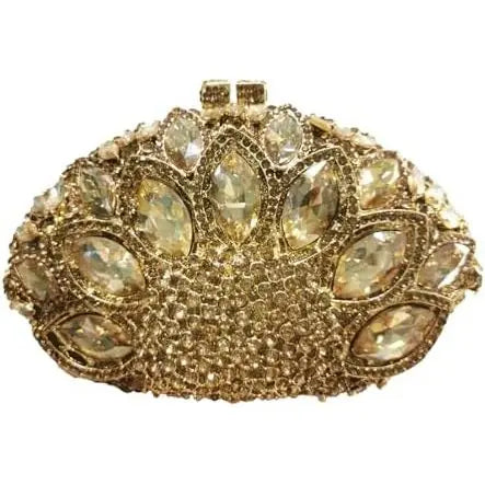 Gold rhinestone evening clutch, luxury designer handbag with crystal petal details for formal cocktail dinners.