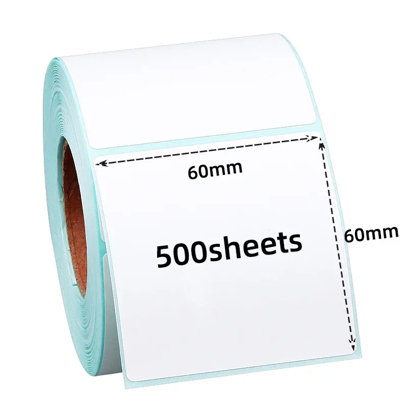Sky blue direct thermal label roll with blank white label squares, 60mm x 60mm