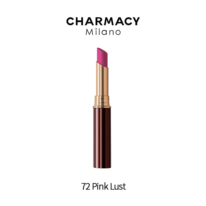 CHARMACY 72 Pink Lust velvet matte lipstick in gold casing. Long-lasting, waterproof pink lip makeup.