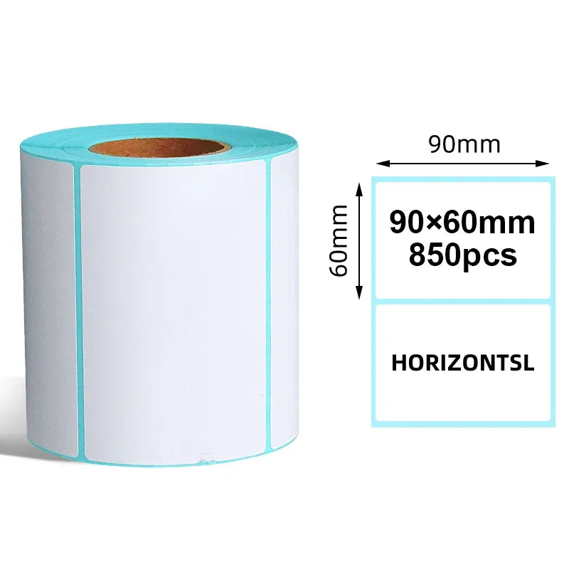 Thermal label paper roll with 90x60mm white labels, 850 pcs per roll