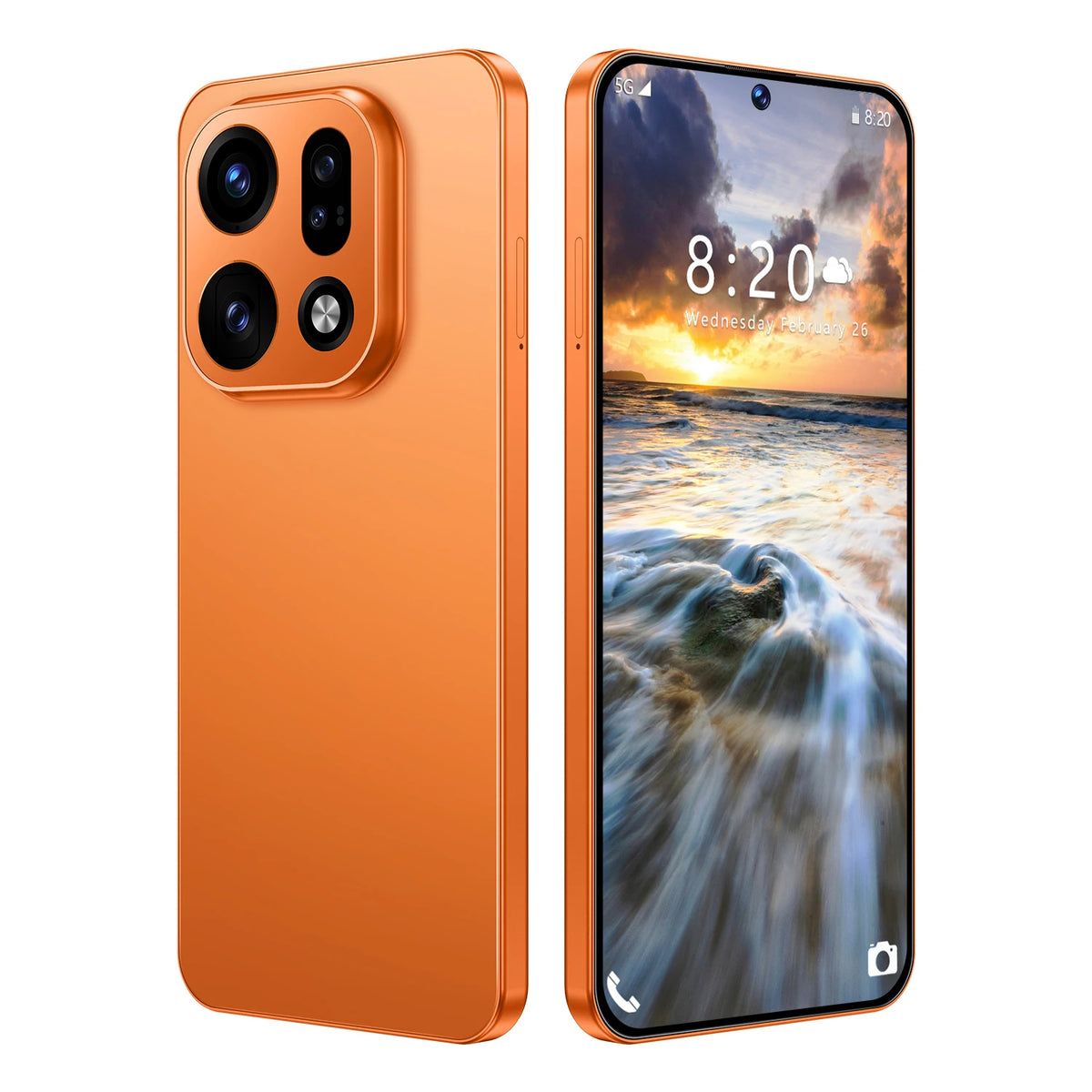 Orange unlocked smartphone with triple rear cameras and front display