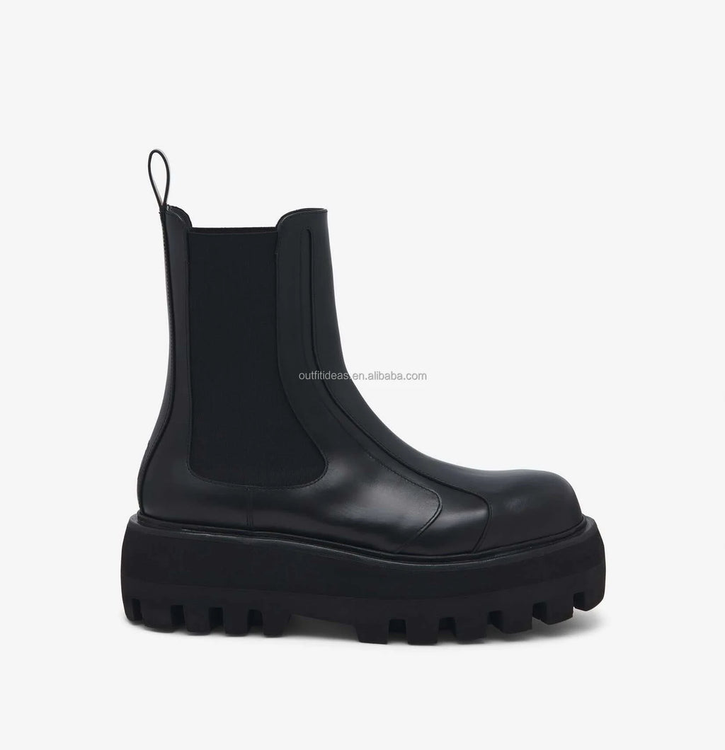 Round Toe Black Smooth Calf Leather Chunky Lug Sole Unisex Women Sofa Buckle Boot Men Dress Shoes Unisex Men Sofa Chelsea Boots