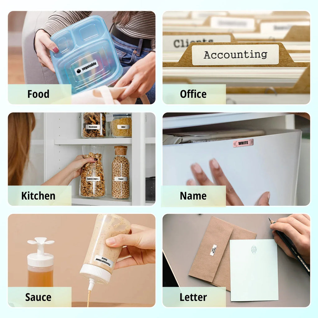 Thermal label tape with category labels for food, office, name, and letter use