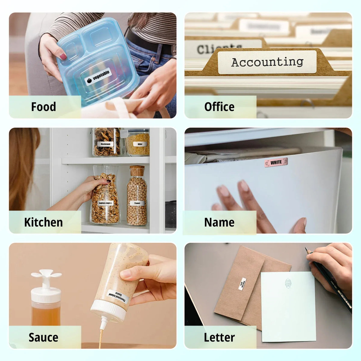 Thermal label tape with category labels for food, office, name, and letter use