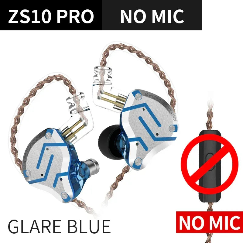 KZ ZS10 Pro 5-Driver HiFi Wired In-Ear Monitors by Tidesmit Glare blue no mic Tidesmit