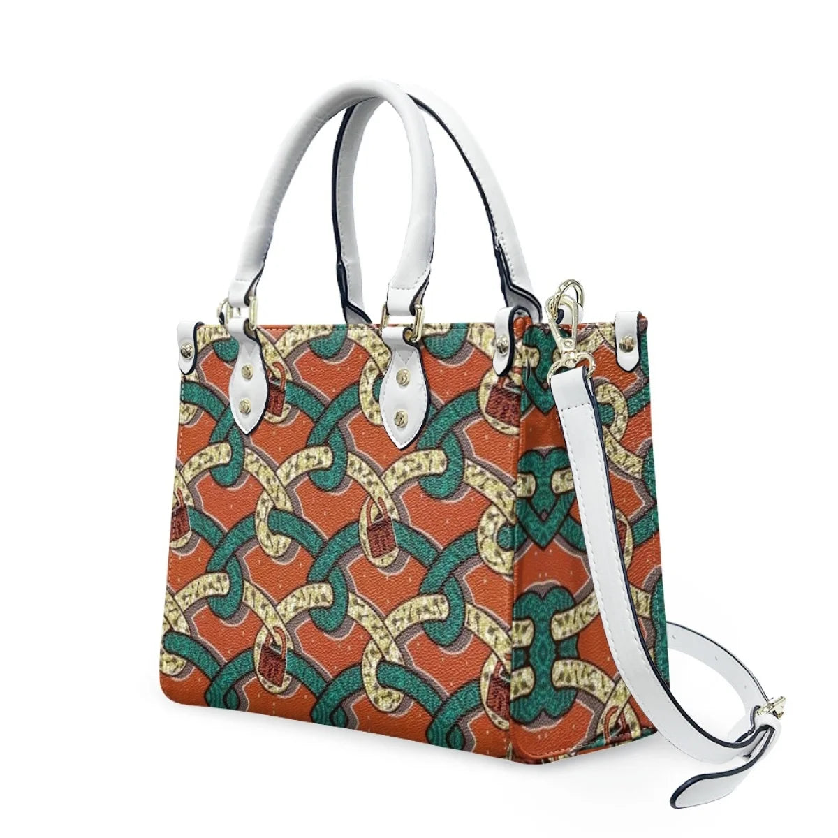 Large luxury leather shoulder bag with white handles, orange and teal Polynesian tribal print, and trunk-style design.