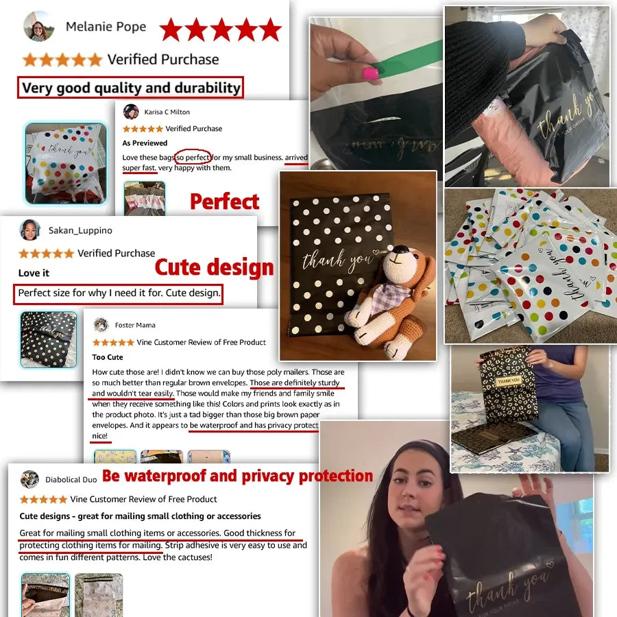 Customer review collage featuring small Christmas printed shipping bags with thank-you notes