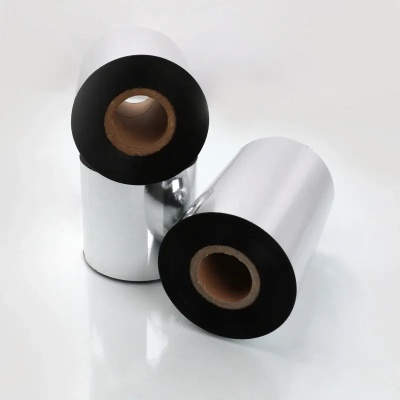 Black thermal transfer ribbon roll with metallic backing, two spools