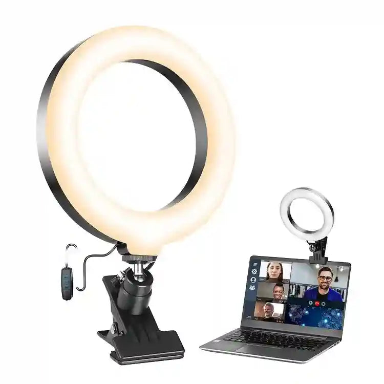 Large circular LED ring light with a black clamp mount for laptop video conferencing and content creation.