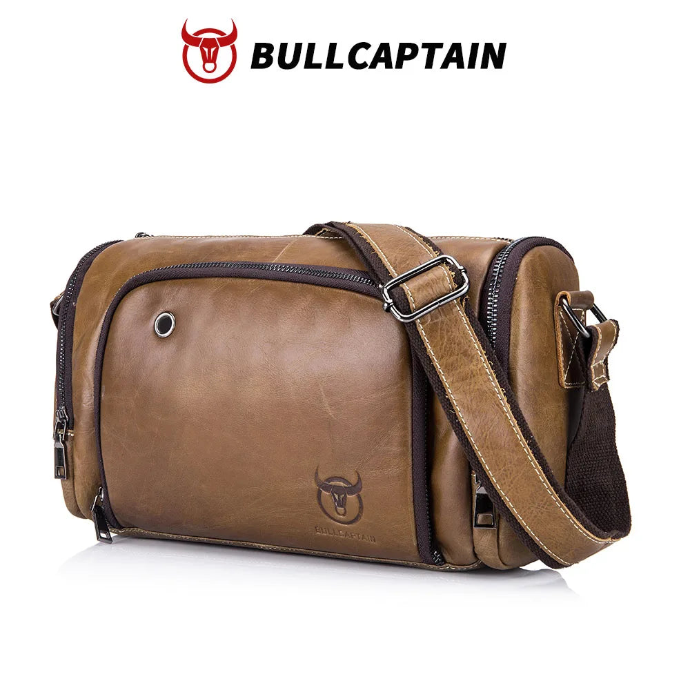 BULLCAPTAIN brown leather trunk messenger bag, crossbody style with adjustable strap, zip pockets, and logo embossing.
